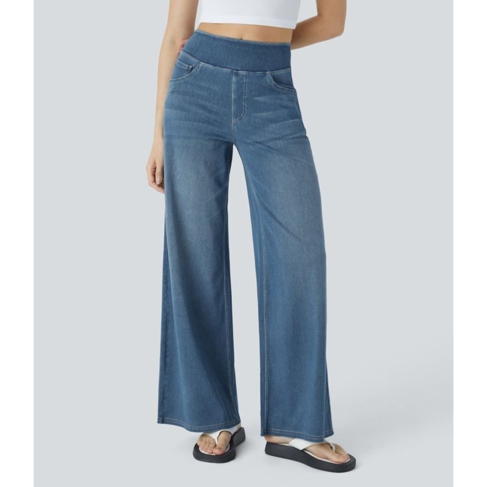 Halara Wide Leg Jeans Womens XL Blue High Waisted Stretch Denim Baggy